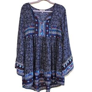 Umgee Boho Festival V-Neck Dress with Long Bell Sleeves Size S